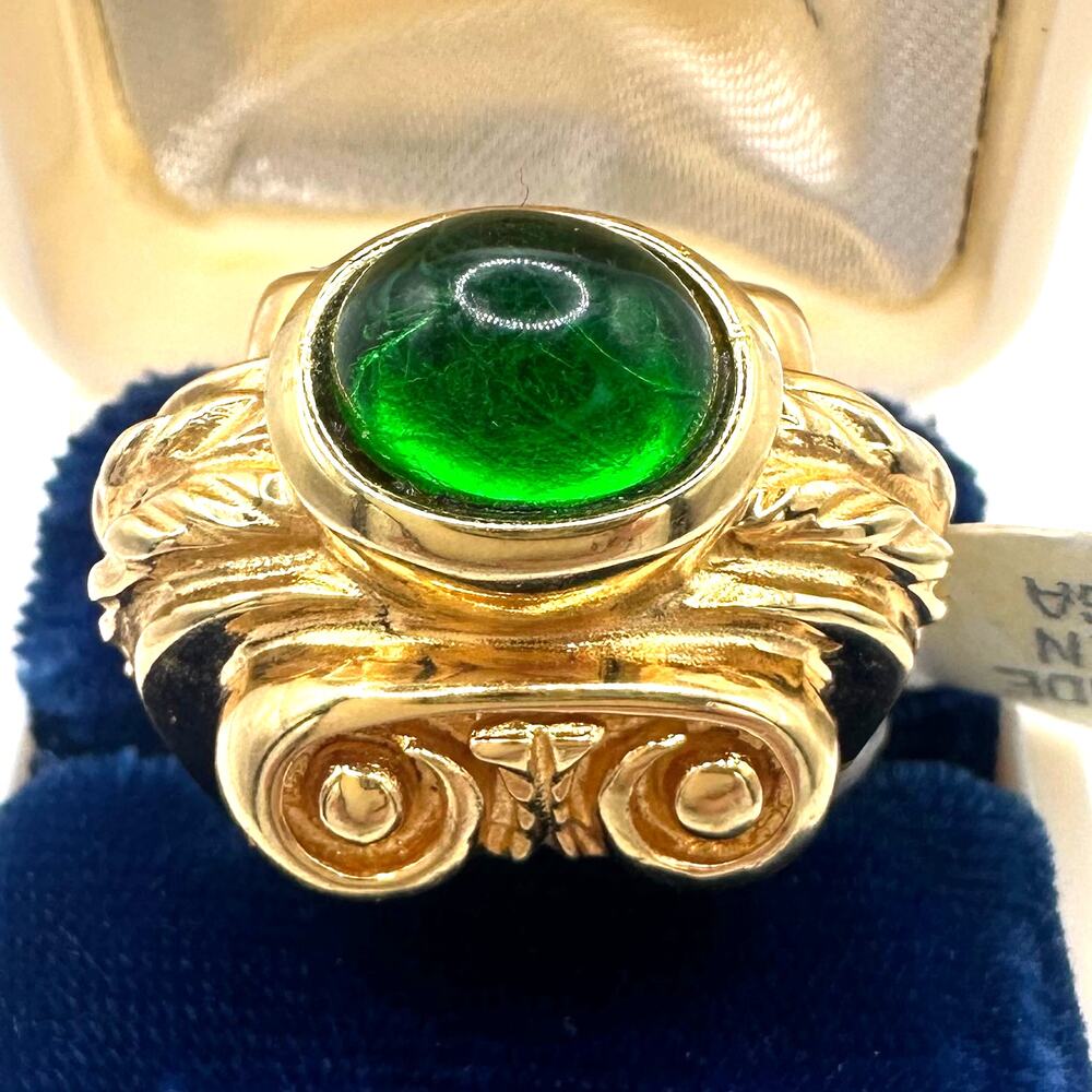 NWT Made in USA vintage gold plated green glass cabochon cocktail ring size 7